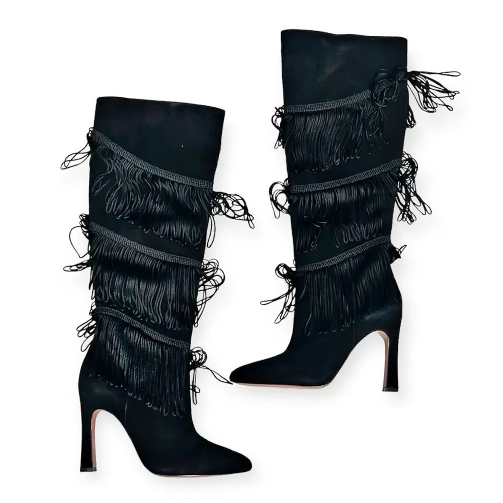 BCBGMaxazria Suede Fringe Heeled Boots, Black, New, Size 7.5
